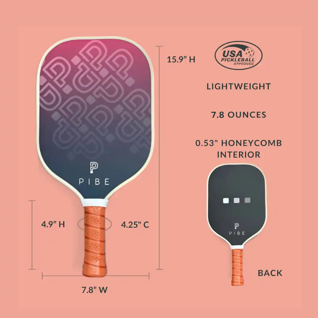 Pink and navy blue pickleball paddle with a geometric pattern and brown leather grip.