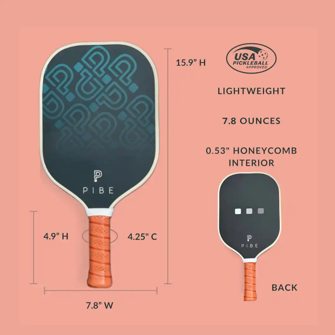 Teal and black pickleball paddle with an orange grip handle.